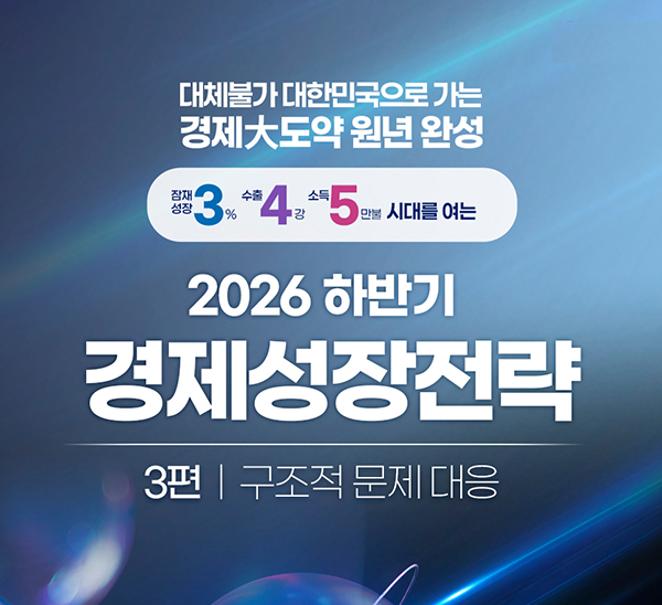 대체불가 대한민국으로 가는 경제大도약 원년 완성
잠재성장 3%, 수출 4강, 소득 5만불 시대를 여는
2026년 하반기 경제성장전략
3편 구조적 문제 대응