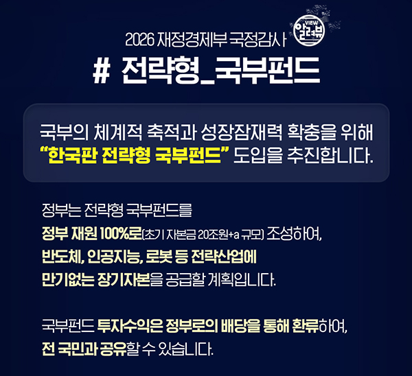 2026 재정경제부 국정감사 (알려뷰)
# 전략형_국부펀드
국부의 체계적 축적과 성장잠재력 확충을 위해 '한국판 전략형 국부펀드' 도입을 추진합니다.
정부는 전력형 국부펀드를 정부 재원 100%로(초기 자본금 20조원+α규모) 조성하여, 반도체, 인공지능, 로봇 등 전략산업에 만기없는 장기자본을 공급할 계획입니다.
국부펀드 투자수익은 정부로의 배당을 통해 환류하여, 전 국민과 공유할 수 있습니다.